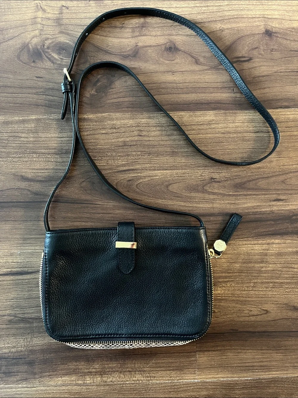 Tory Burch Mini Expandable Zip Soft Black Leather Crossbody Bag
